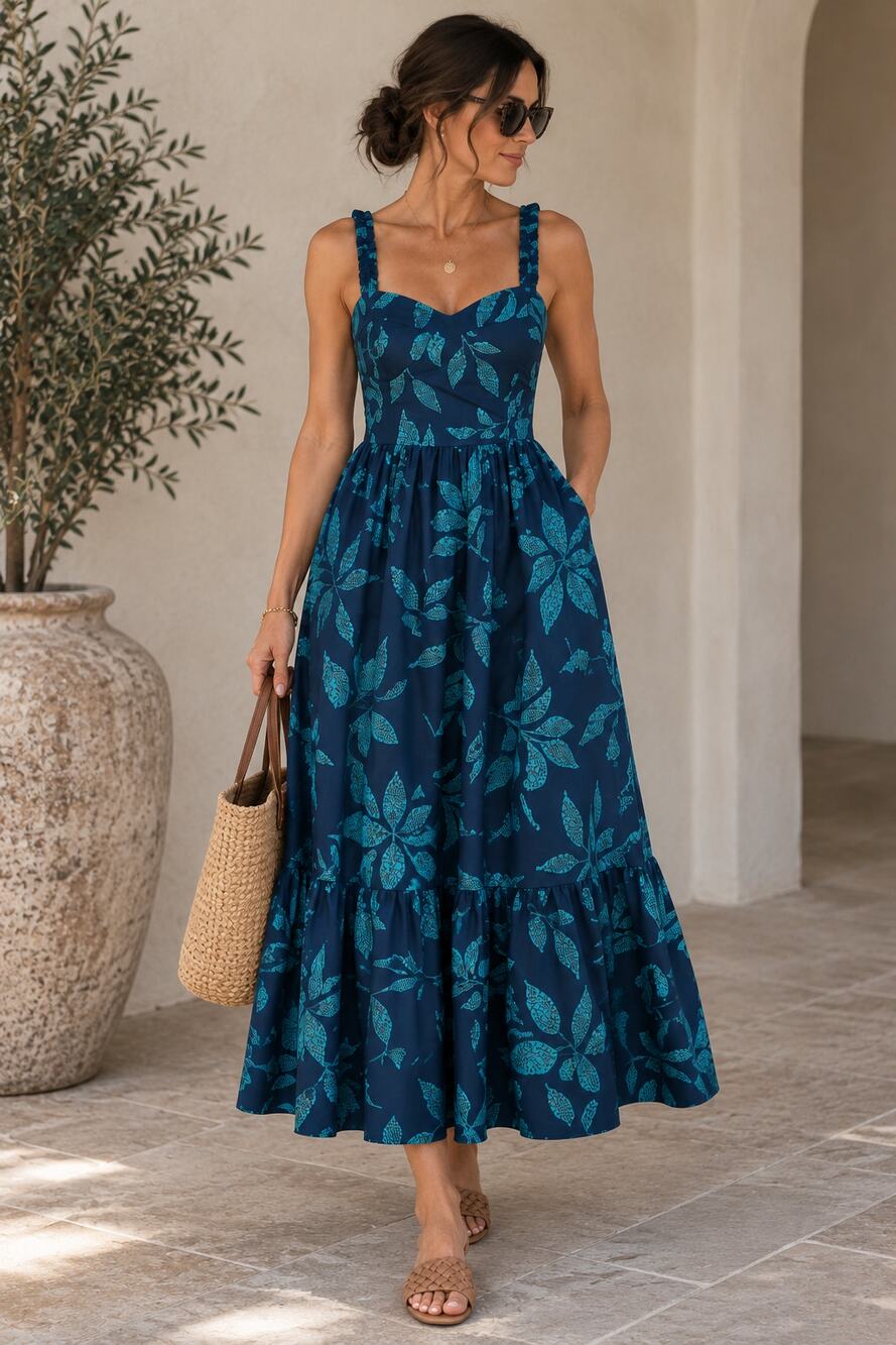 J.Crew Poplin Corset Dress Navy Teal Botanical Floral Tiered Midi size 6